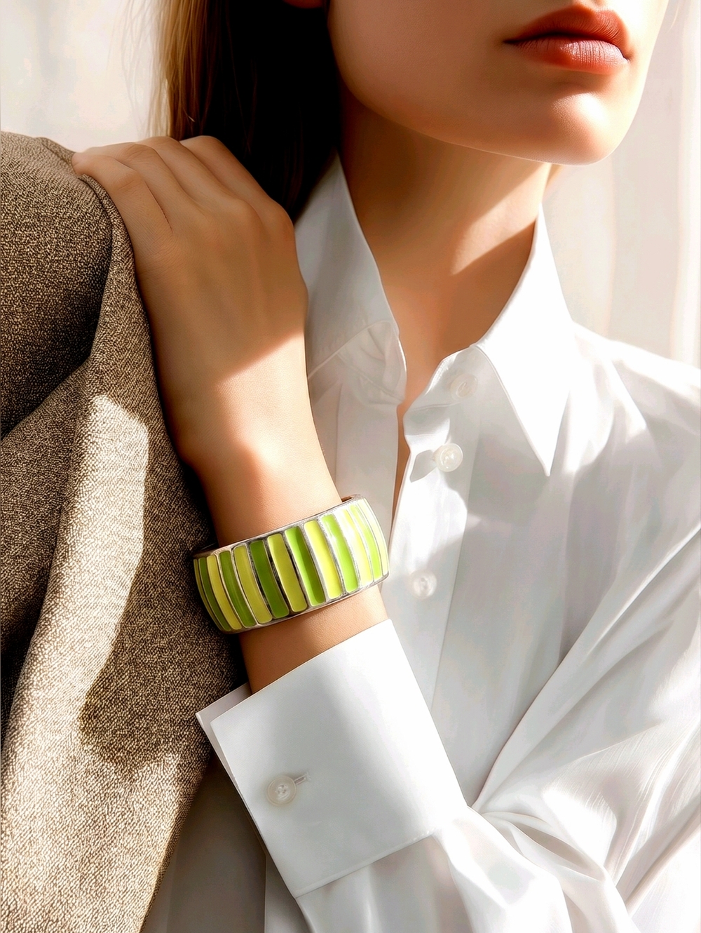 Vintage Green And Silver Striped Spring Hinge Cuff Bracelet